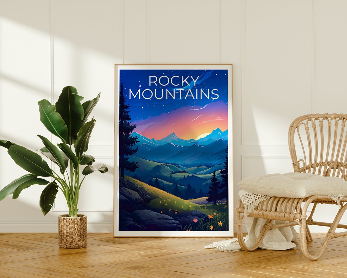 Rocky Mountains Sunset Starry Sky Wildflower Meadow View Travel Poster - Image 2