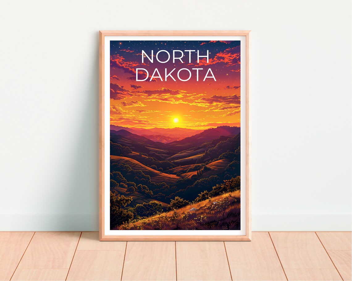 North Dakota Rolling Hills Sunset Prairie Golden Sky Travel Poster - Image 4