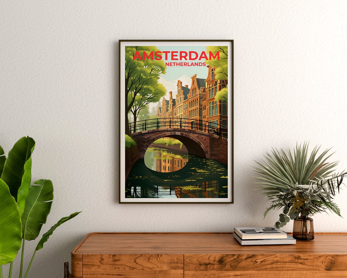 Amsterdam Netherlands Canal Brick Bridge Gabled Houses Travel Poster - Image 3