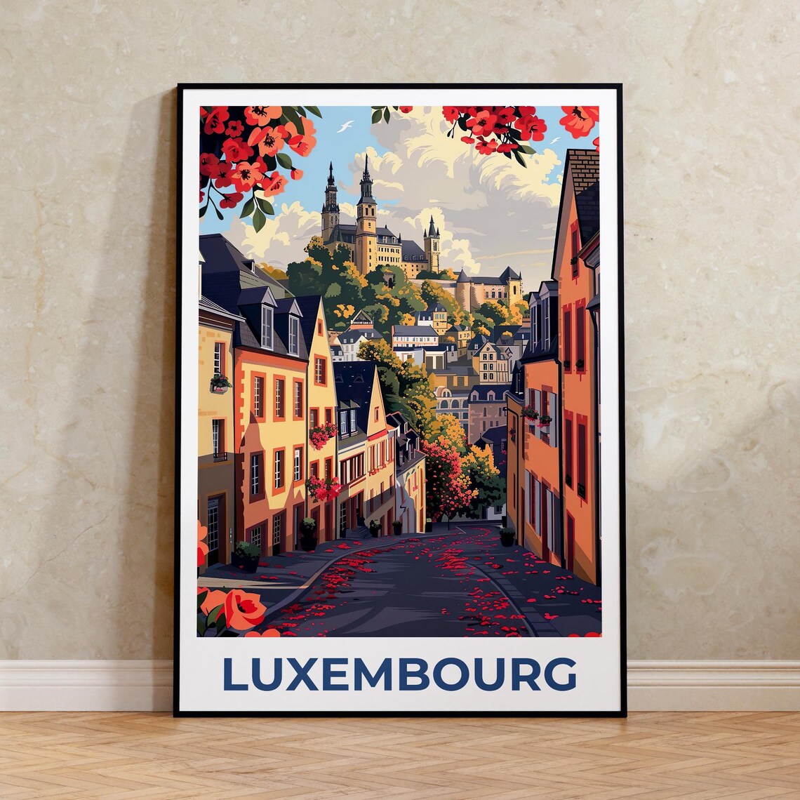 Luxembourg City Flower Lined Street Cathedral Hilltop Travel Poster