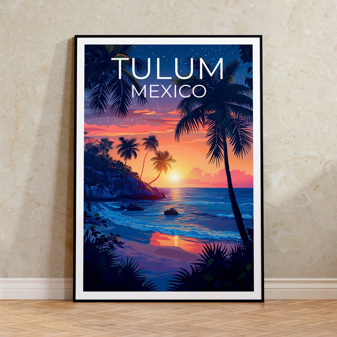 Tulum Mexico Beach Sunset Palm Trees Caribbean Coast Travel Poster