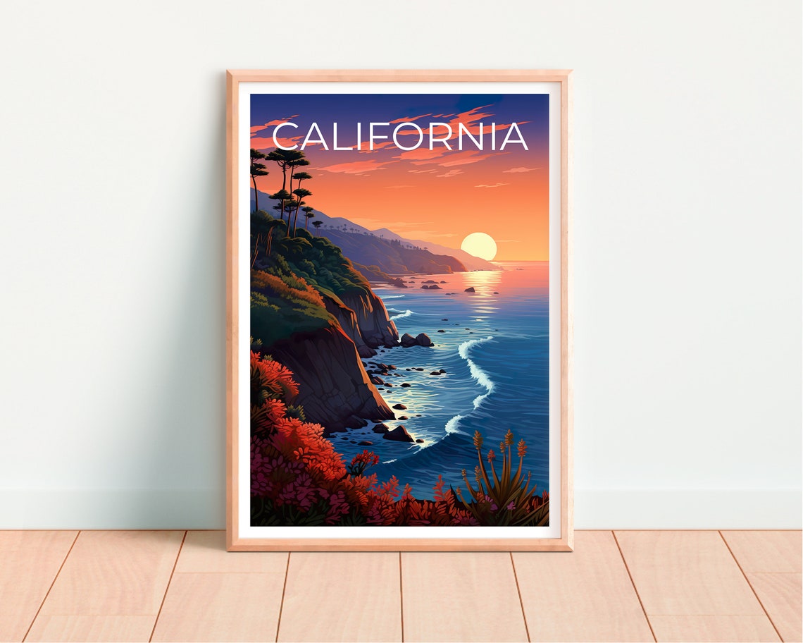 California Rugged Coastline Sunset Cliffs Red Blooms Travel Poster - Image 4