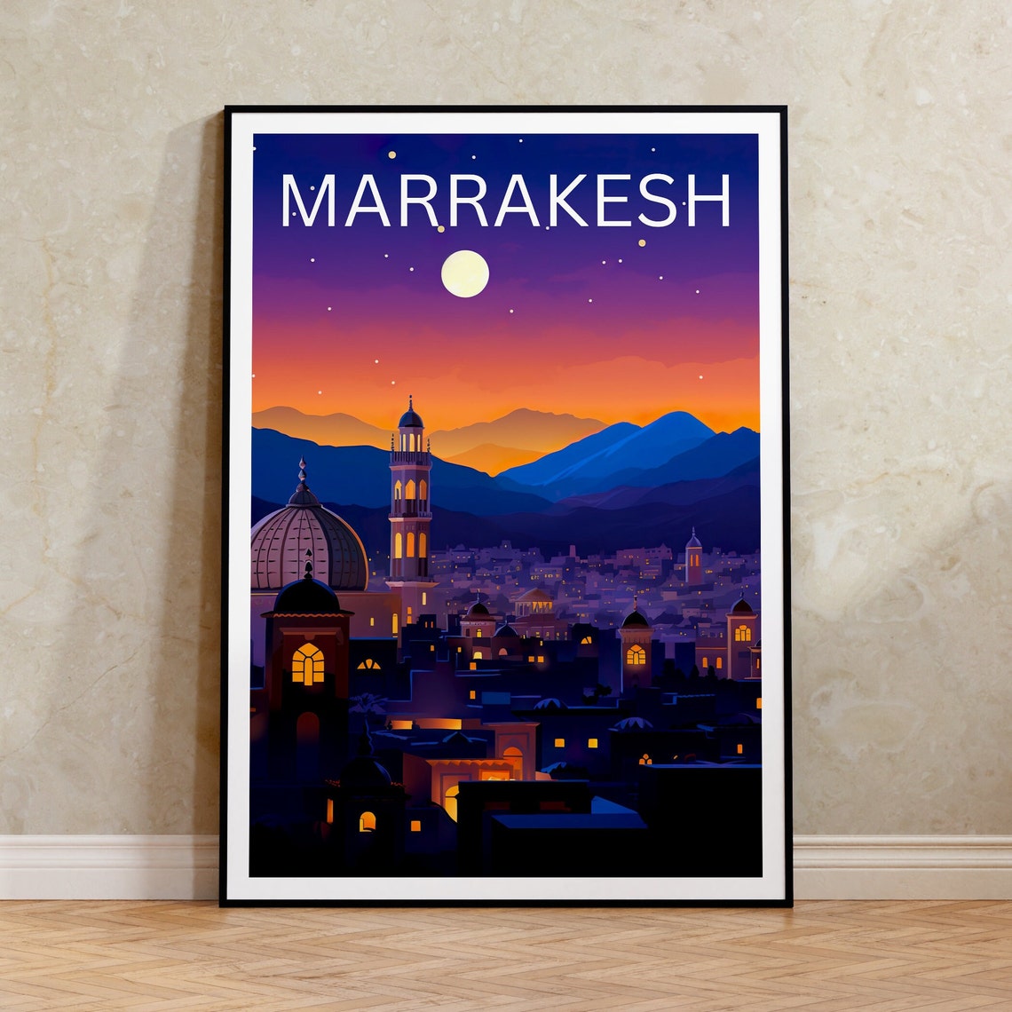 Marrakesh Morocco Old City Night Moon Atlas Mountains Poster