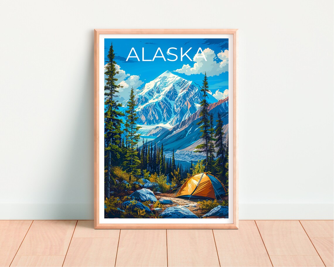 Alaska Snowy Mountain Daytime Forest Tent Campsite View Travel Poster - Image 4