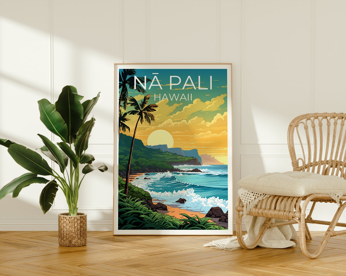 Na Pali Hawaii Coastal Cliffs Palm Trees Sunset Waves Travel Poster - Image 2