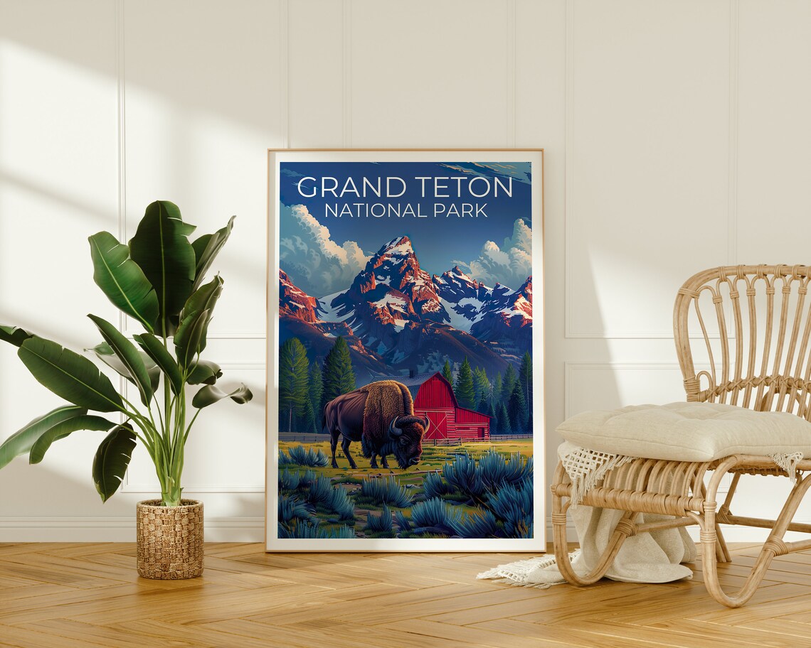 Grand Teton National Park Bison Red Barn Mountain View Poster - Image 2