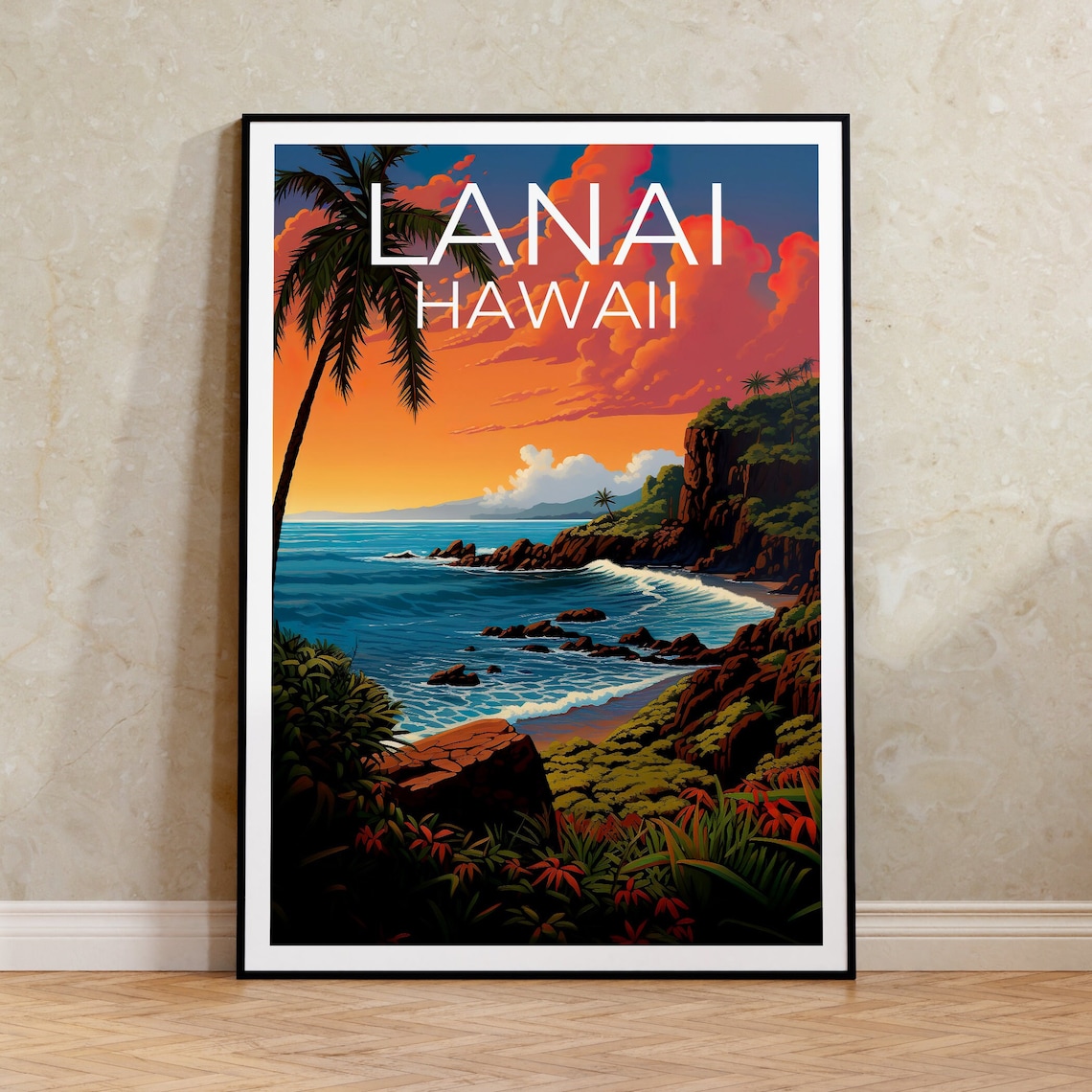 Lanai Hawaii Volcanic Rocky Coastline Sunset Surf View Travel Poster