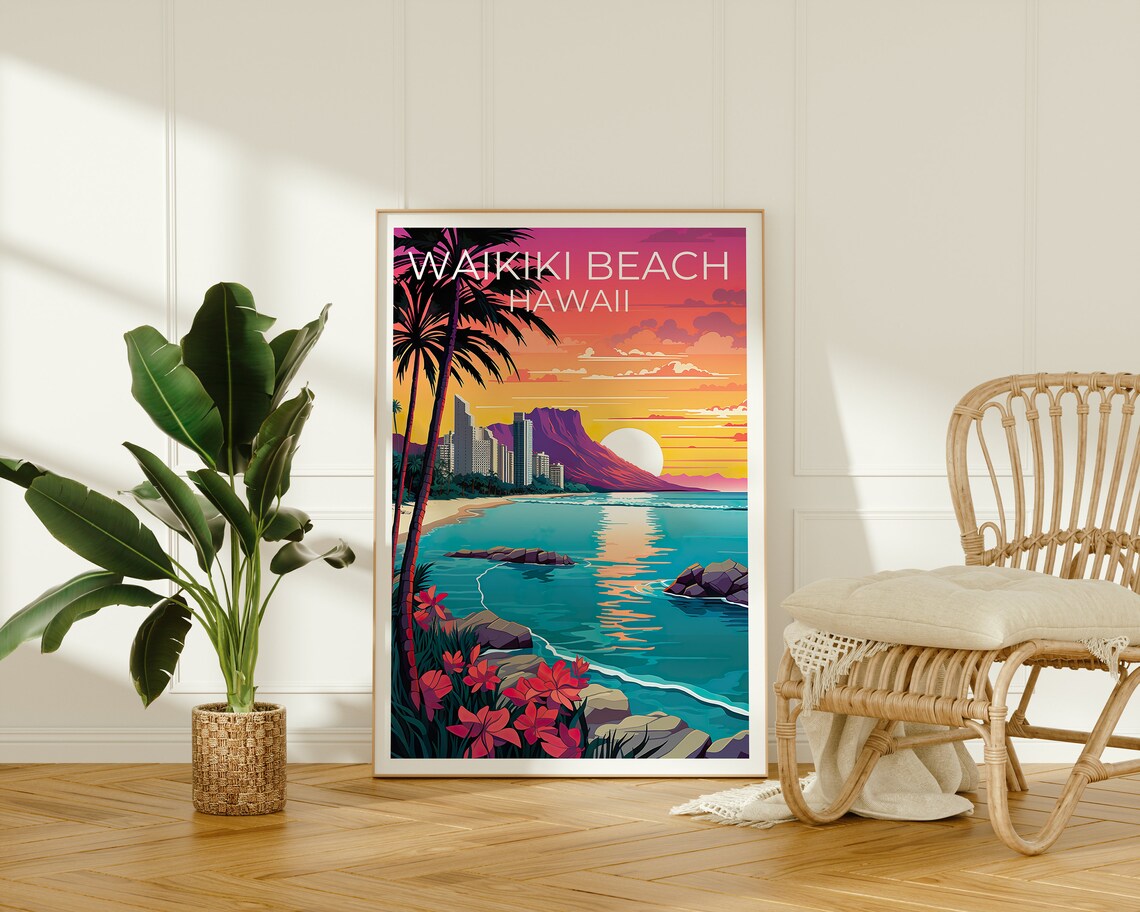 Waikiki Beach Travel Poster, Honolulu Hawaii Art - Image 2