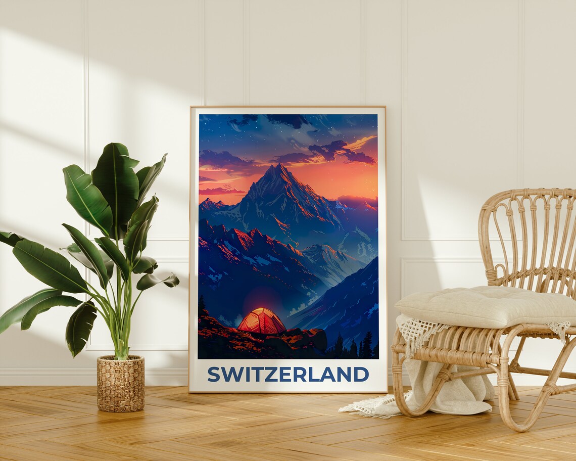 Switzerland Alpine Peak Sunset Glowing Tent Ridge Night Poster - Image 2