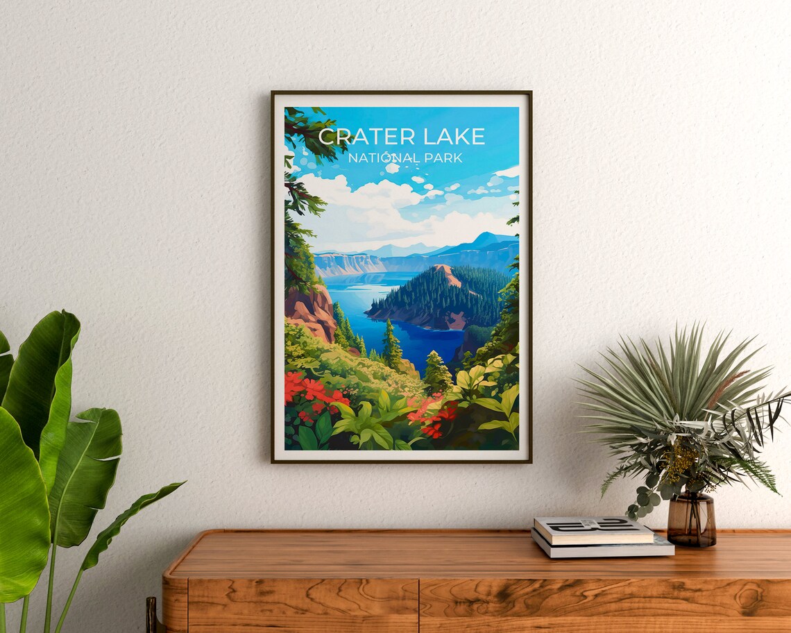 Crater Lake Travel Poster, Oregon Lake Landscape - Image 3