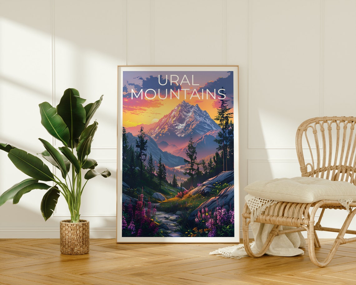 Ural Mountains Sunset Snow Peak Wildflower Meadow Stream View Poster - Image 2
