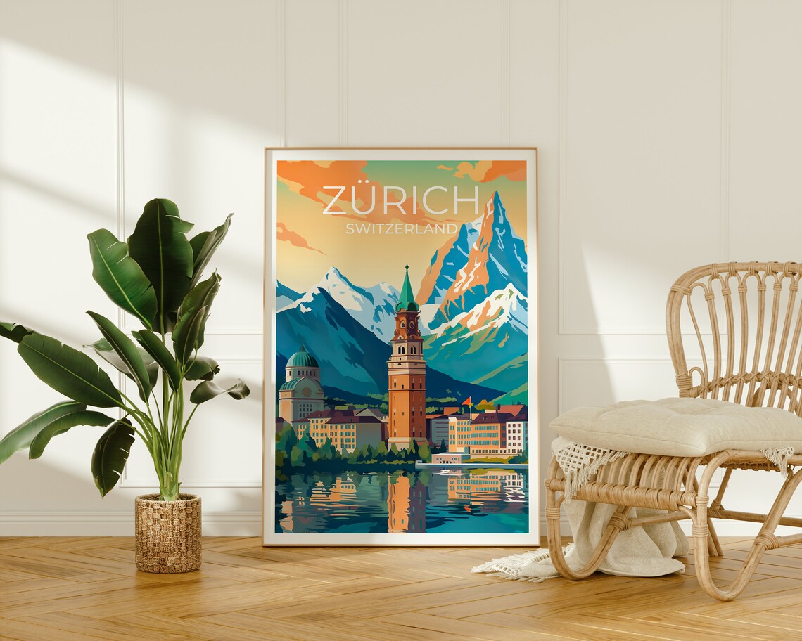 Zurich Switzerland Old Town Clock Tower Lake Snowy Alps Sunset Poster - Image 2