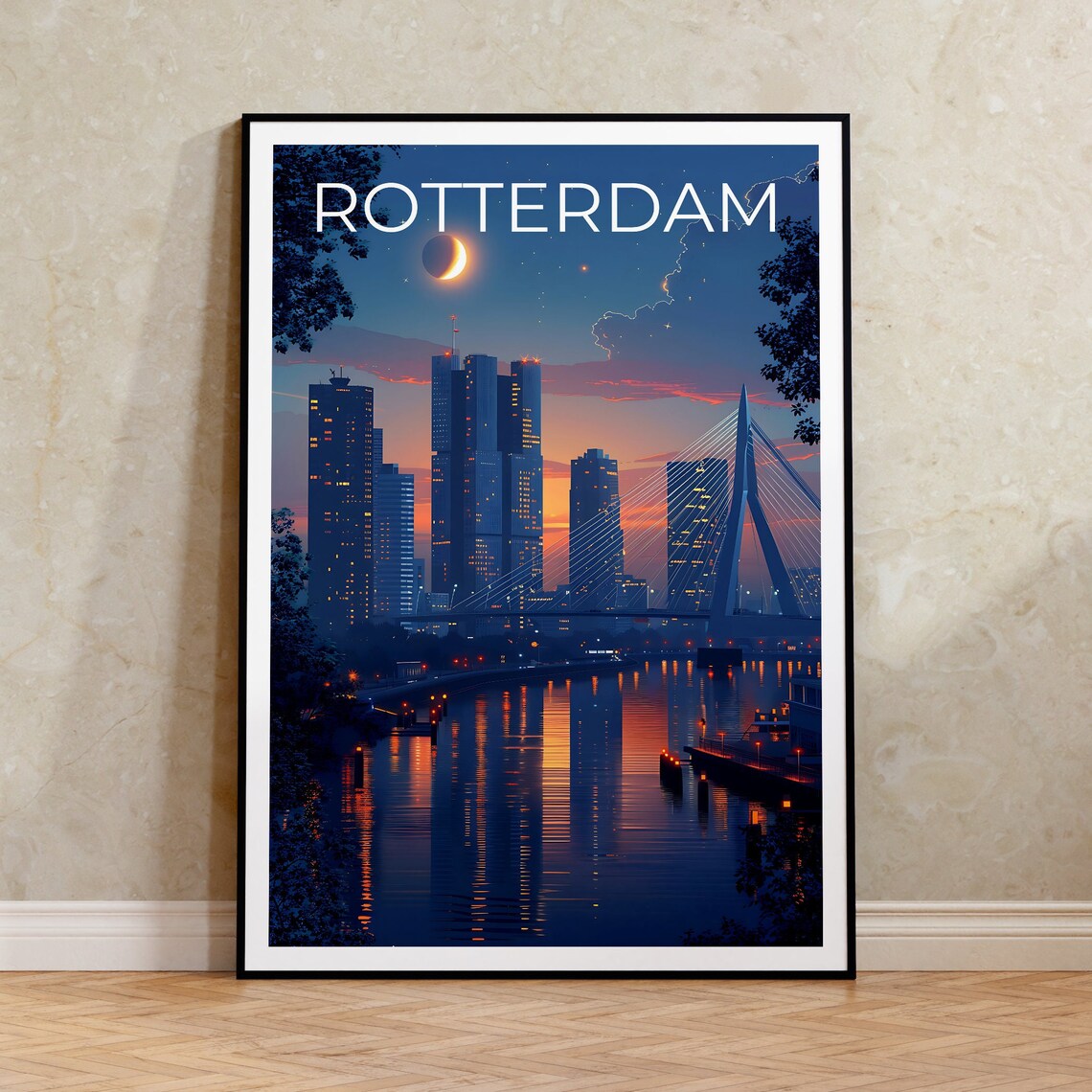 Rotterdam Travel Poster, Erasmusbrug Bridge Print
