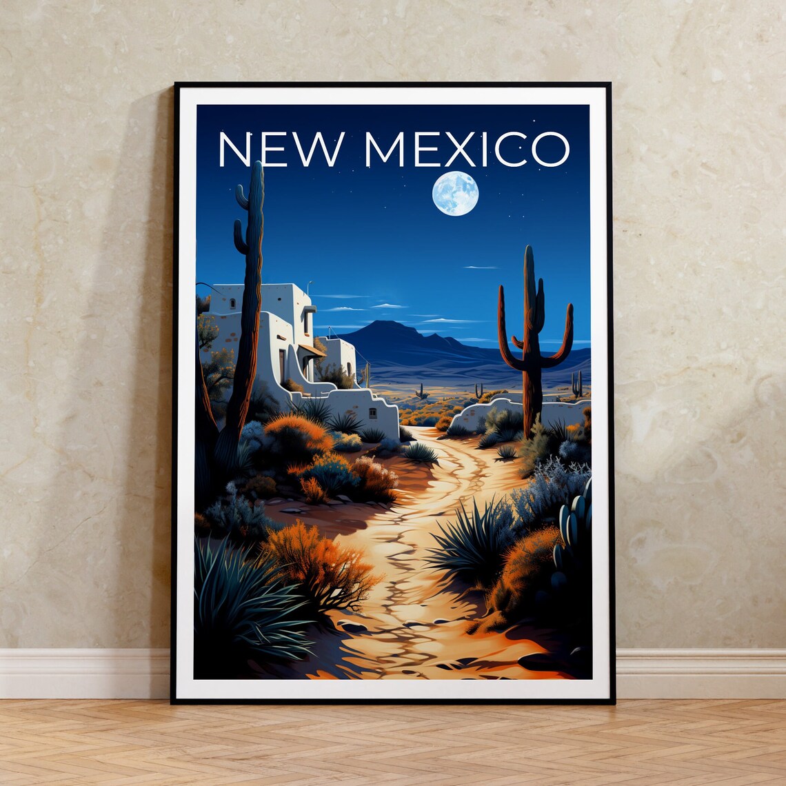 New Mexico Desert Night Adobe Buildings Saguaro Cacti Travel Poster