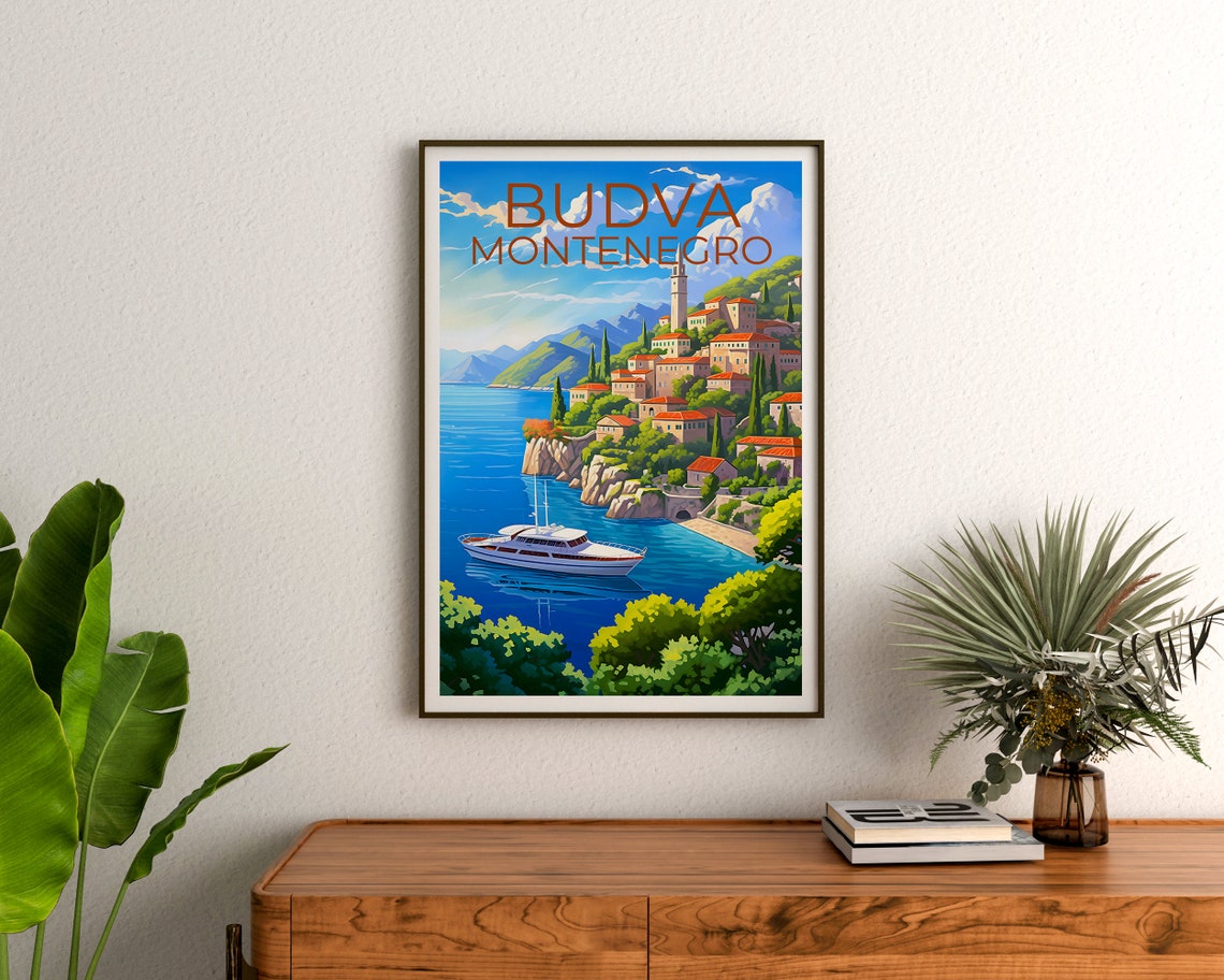 Budva Montenegro Cliffside Old Town Yacht Harbor View Poster - Image 3