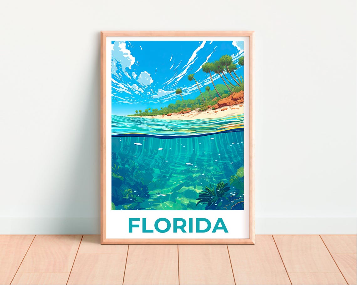 Florida Beach and Underwater Scene Split View Tropical Travel Poster - Image 2