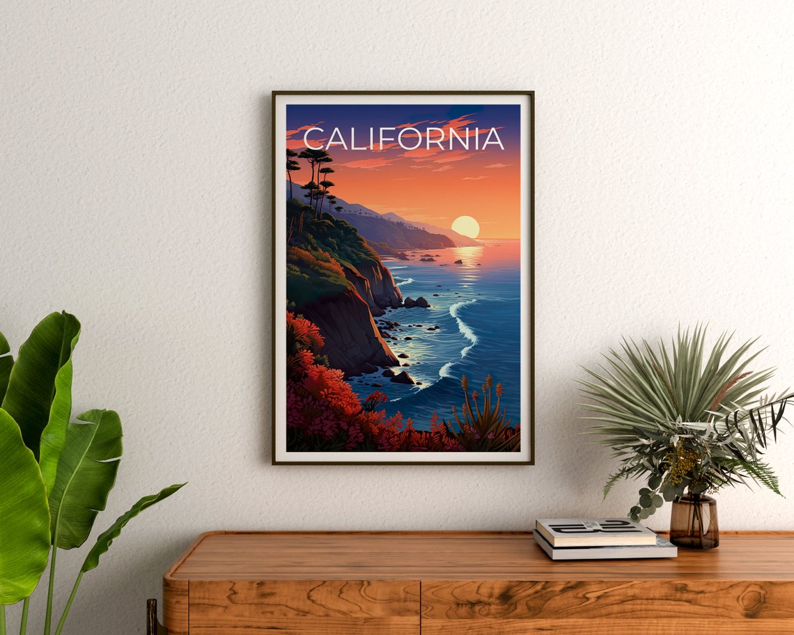 California Rugged Coastline Sunset Cliffs Red Blooms Travel Poster - Image 3