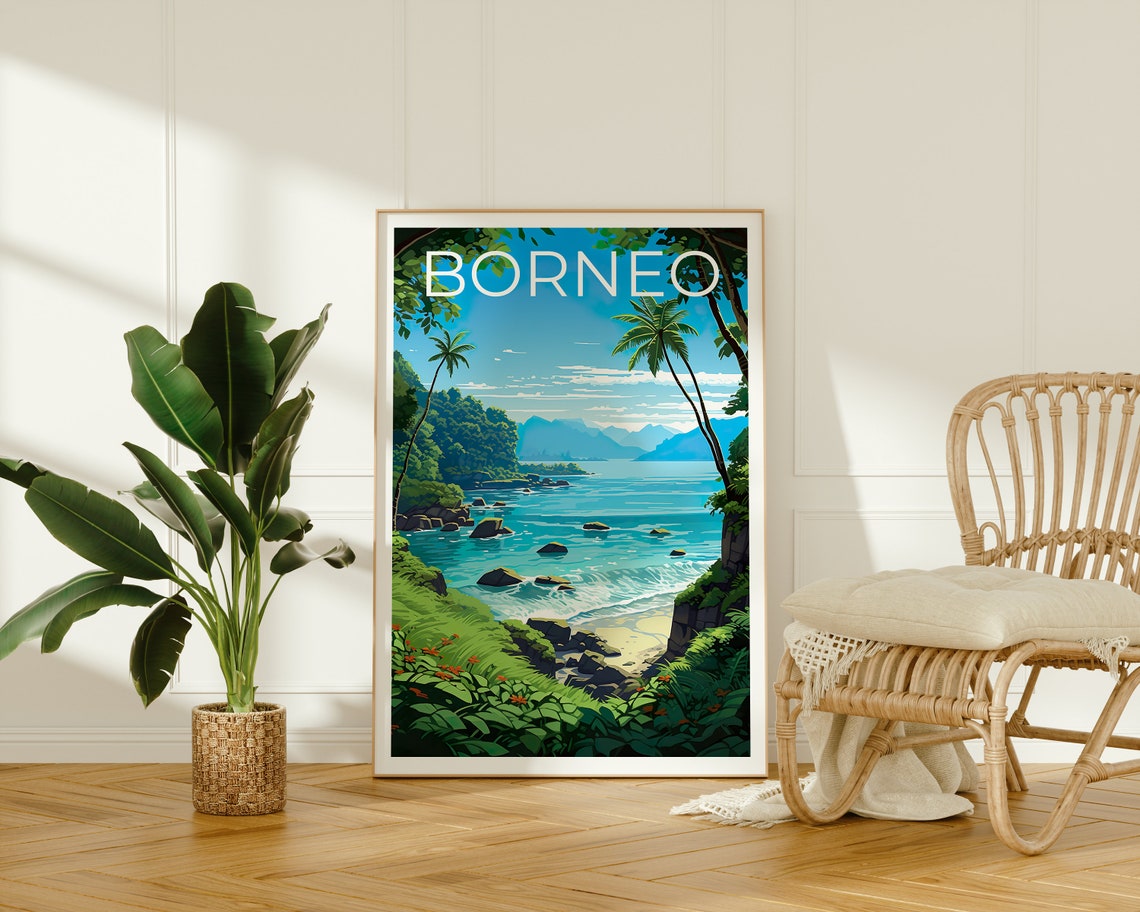 Borneo Tropical Coast Palm Trees Jungle Bay Clear Water Travel Poster - Image 2