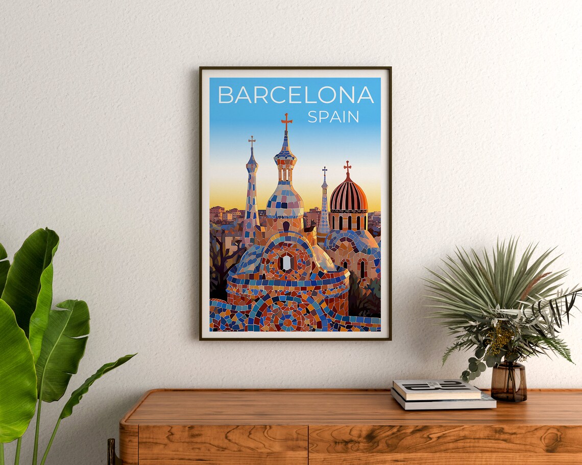 Barcelona Travel Poster, Spain City Park Guell Art Print - Image 3