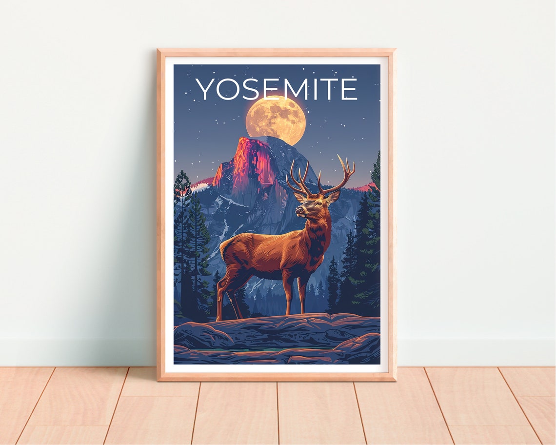 Yosemite Elk Full Moon Night Half Dome Mountain Scene Poster - Image 4