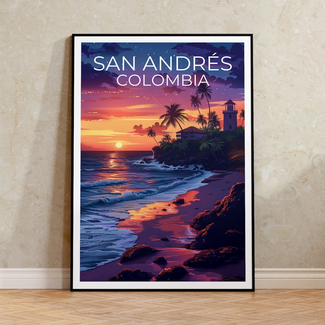 San Andres Colombia Island Beach Sunset Lighthouse Palms Travel Poster