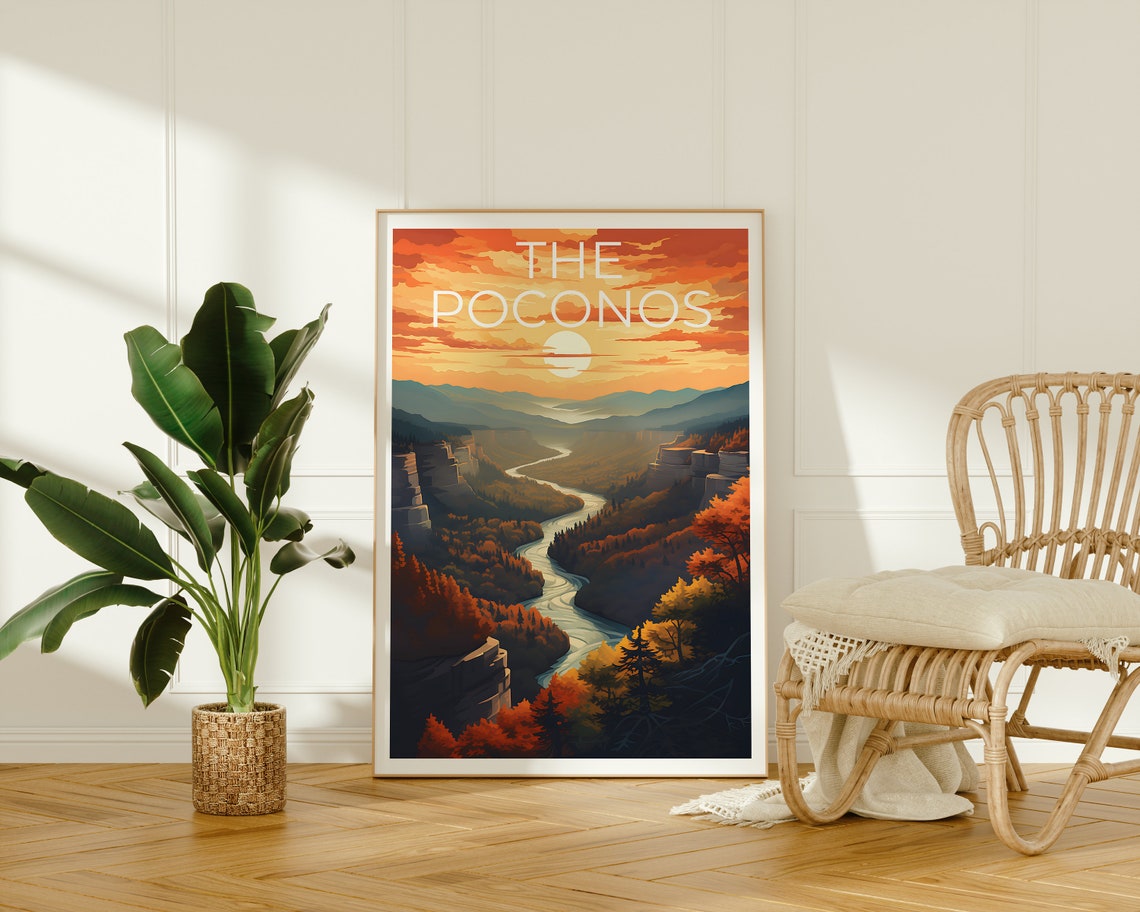 The Poconos Pennsylvania Sunset River Gorge Fall Foliage Travel Poster - Image 2