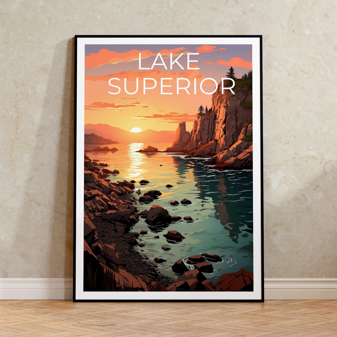 Lake Superior Rocky Shoreline Sunset Cliffs Golden Light Travel Poster