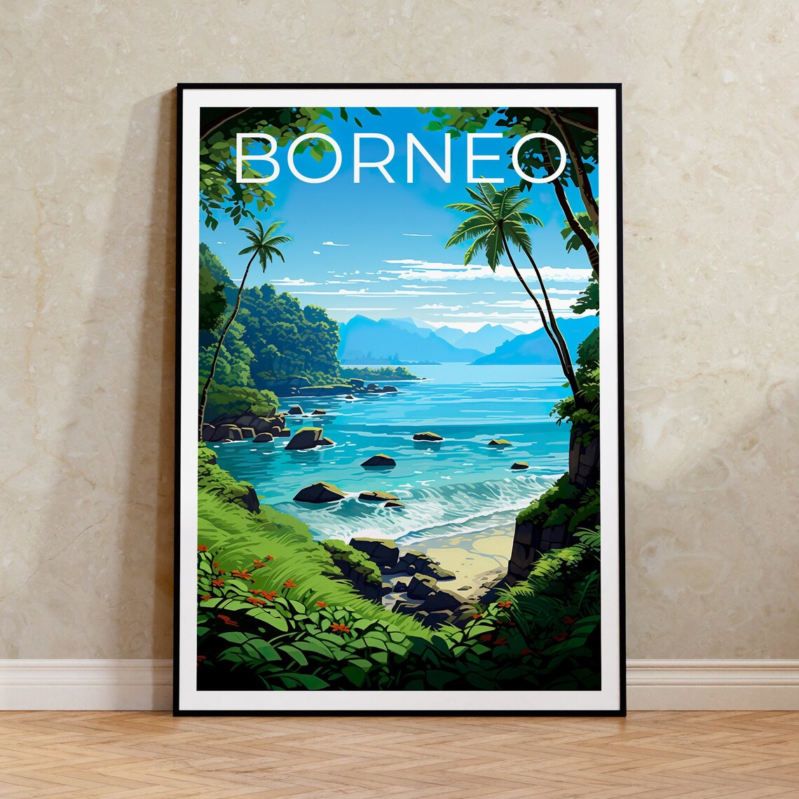 Borneo Tropical Coast Palm Trees Jungle Bay Clear Water Travel Poster