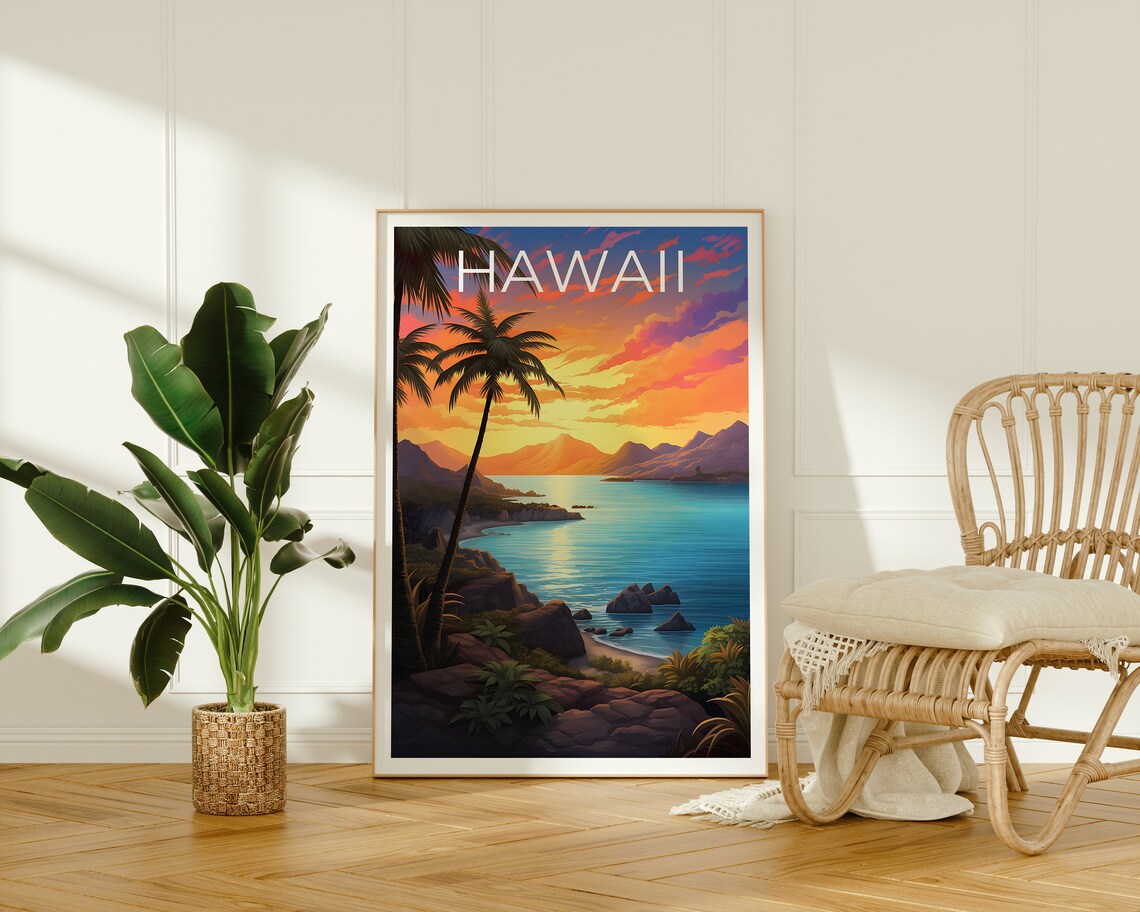 Hawaii Tropical Beach Sunset Palm Trees Rocky Cove Ocean Travel Poster - Image 2