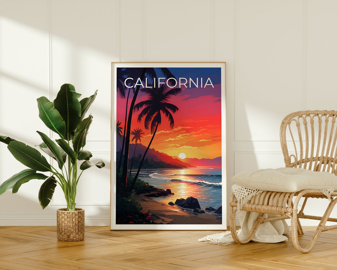 California Beach Sunset Palm Silhouettes Ocean Waves Shore Poster - Image 2