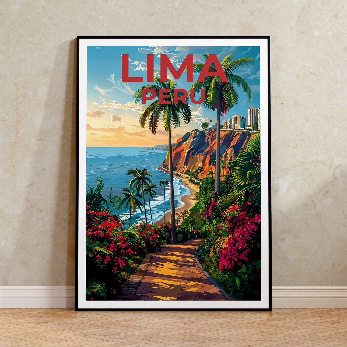 Lima Peru Miraflores Coastal Cliffs Beach Palm Trees Travel Poster