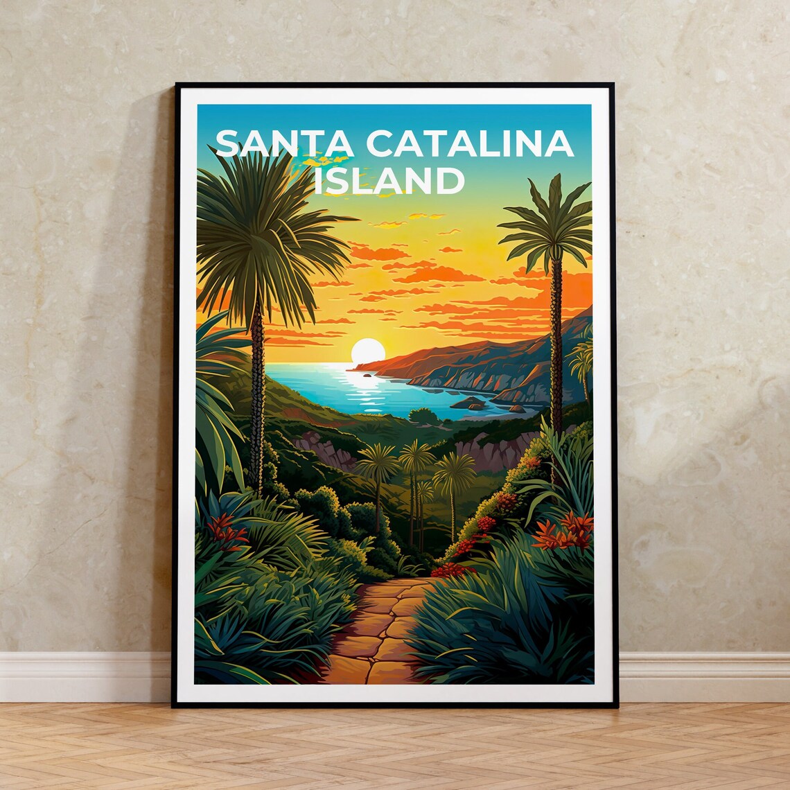 Santa Catalina Island California Palm Trail Sunset Cove Travel Poster