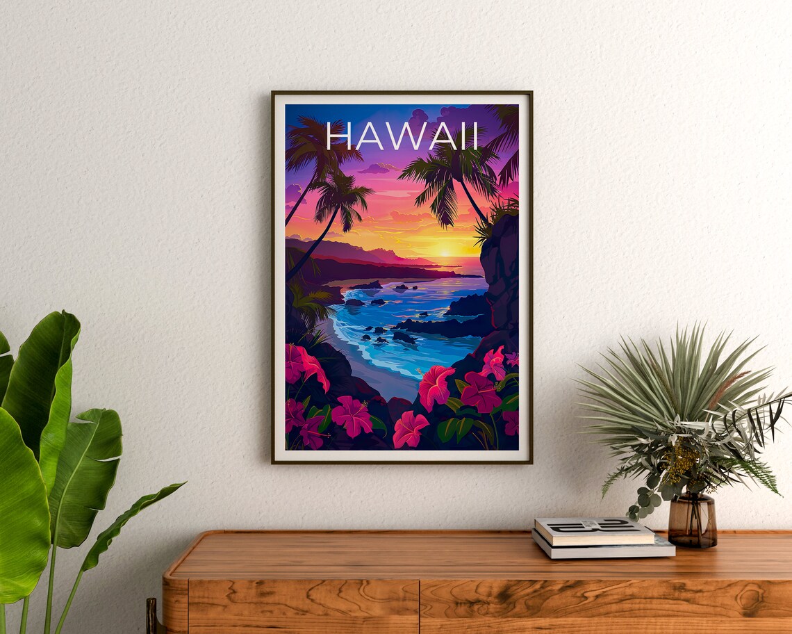 Hawaii Rocky Coast Sunset Palm Trees Pink Hibiscus Cove Poster - Image 3