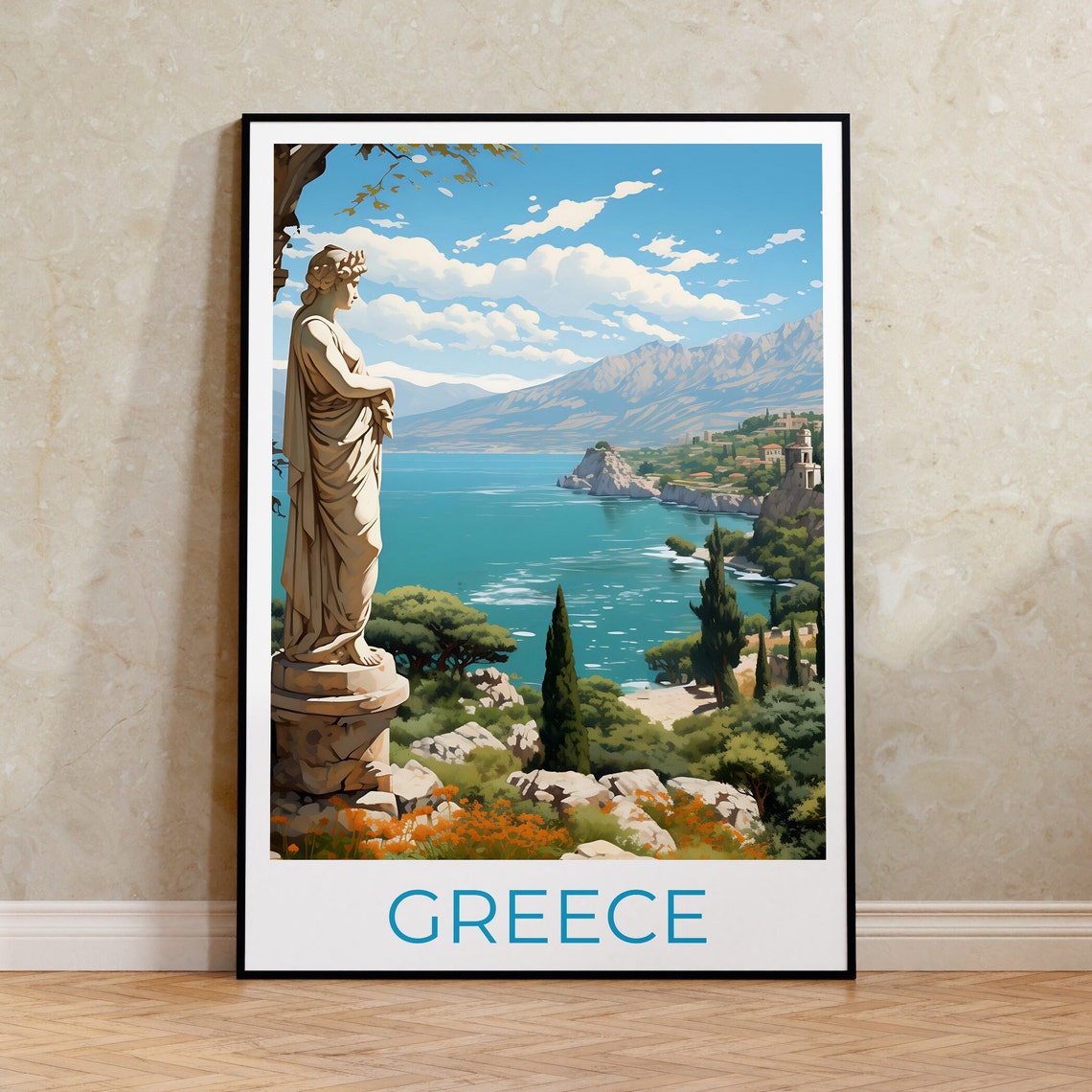 Greece Classical Statue Turquoise Coast Cypress Hillside View Poster