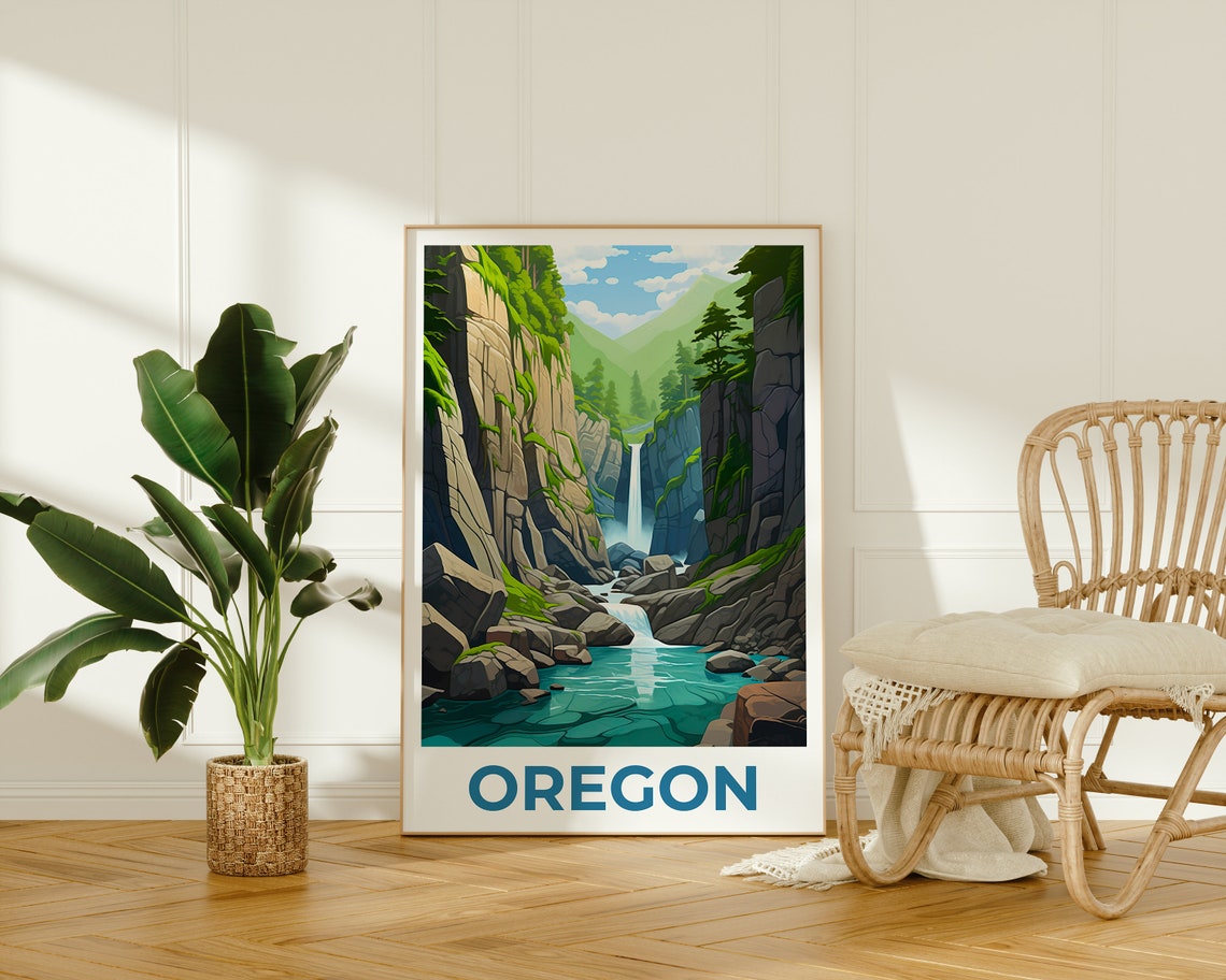 Oregon Gorge Waterfall Mossy Cliffs Turquoise Pool View Poster - Image 2