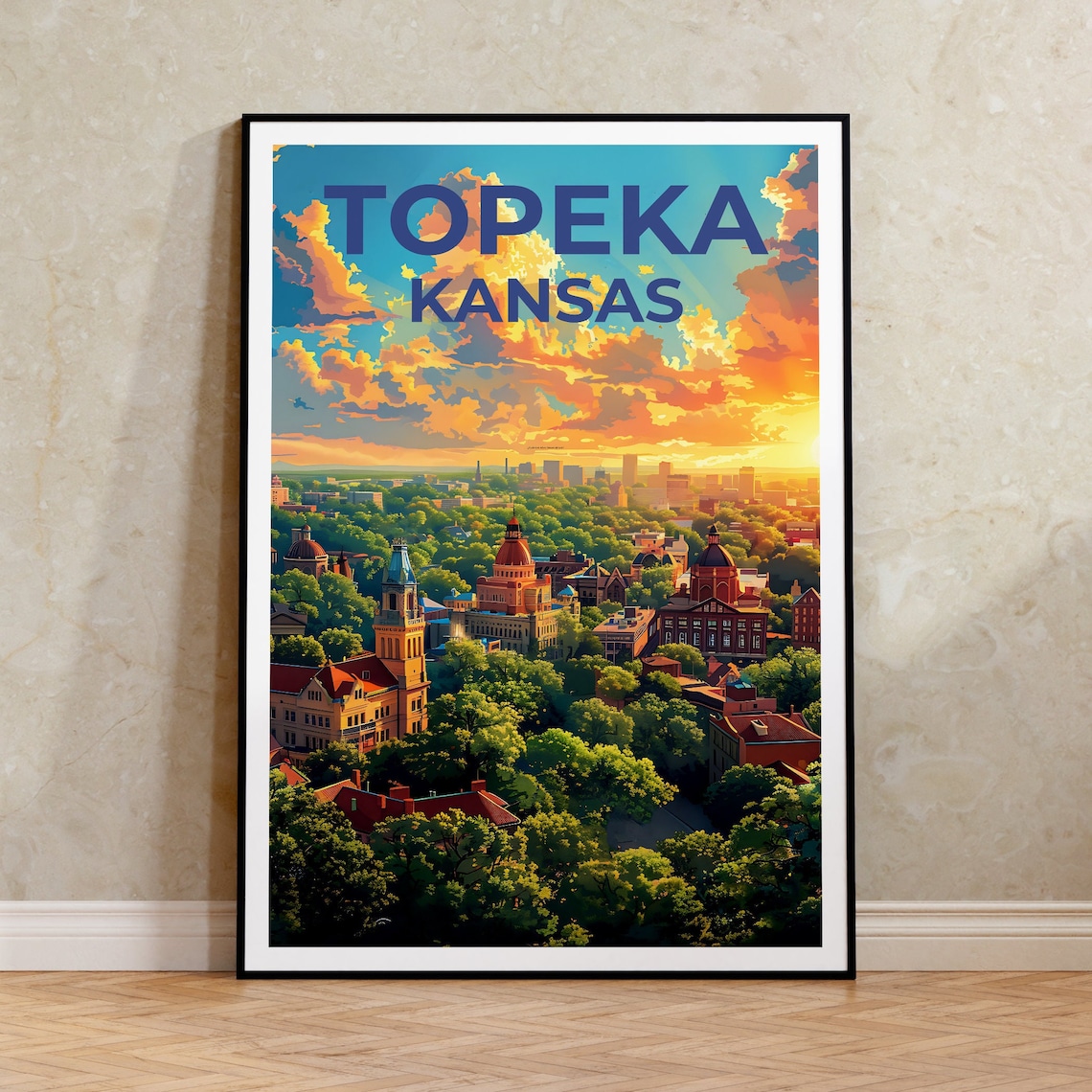 Topeka Kansas City Skyline Sunset Downtown Domes Aerial Travel Poster