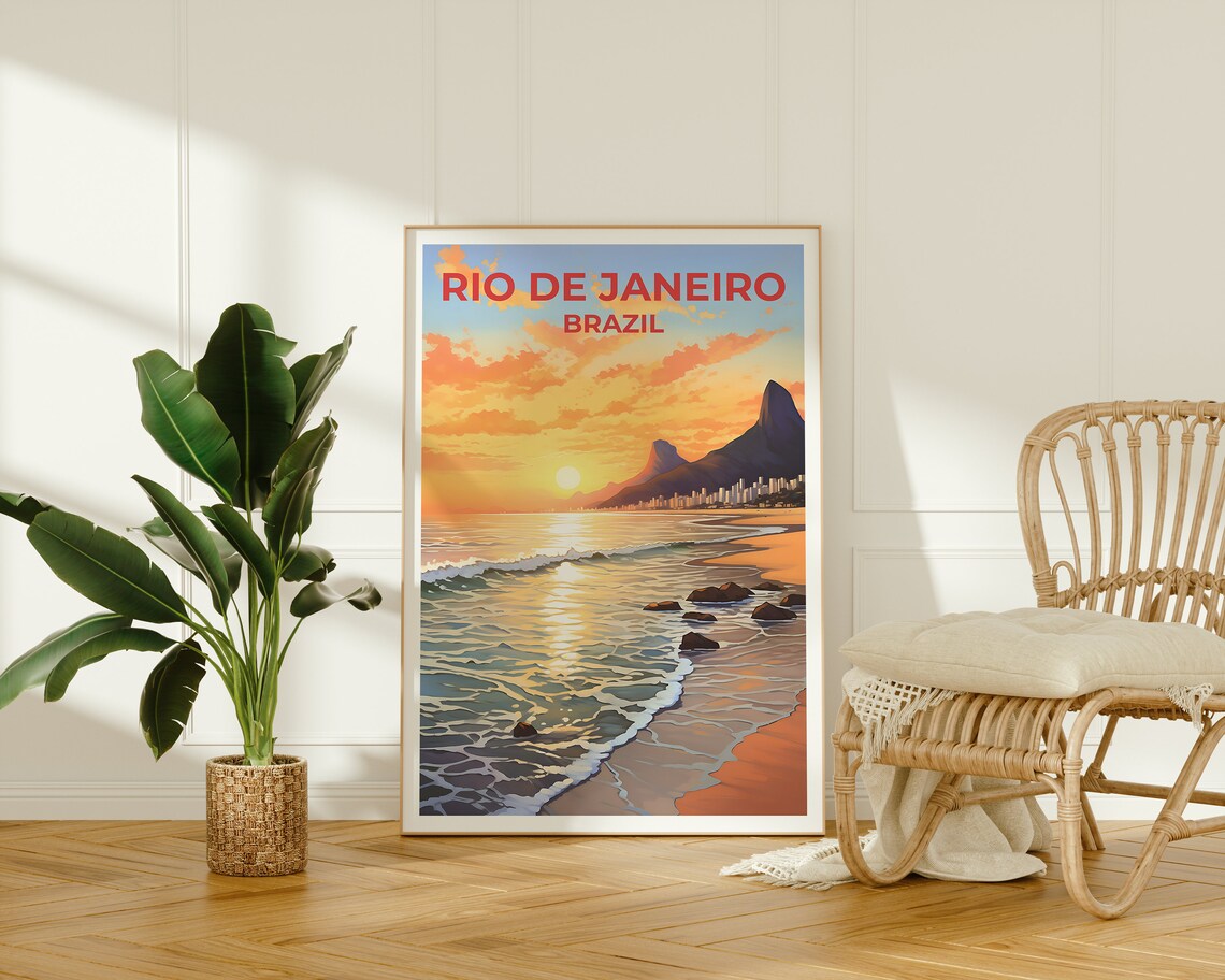 Rio de Janeiro Brazil Beach Sunset Two Brothers Mountain Waves Poster - Image 2