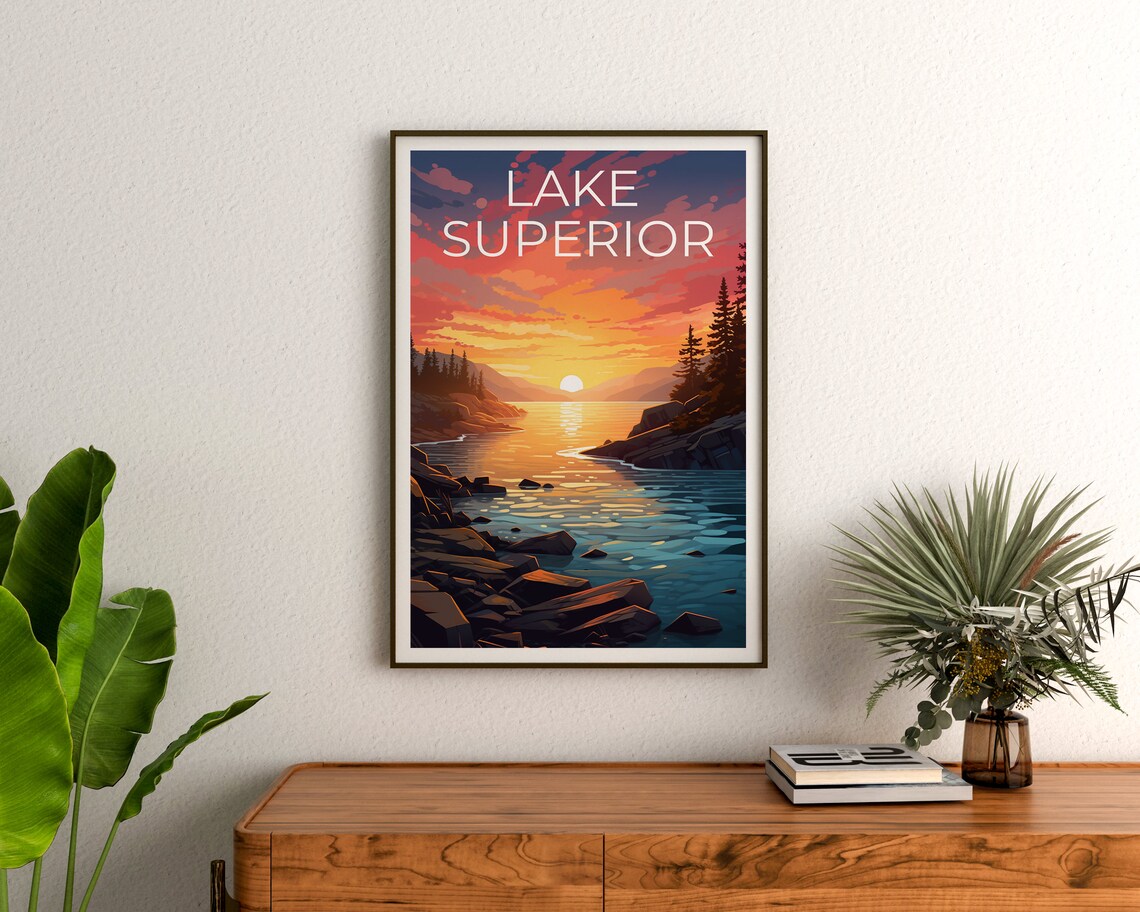Lake Superior Sunset Rocky Shoreline Pines Great Lakes Travel Poster - Image 3