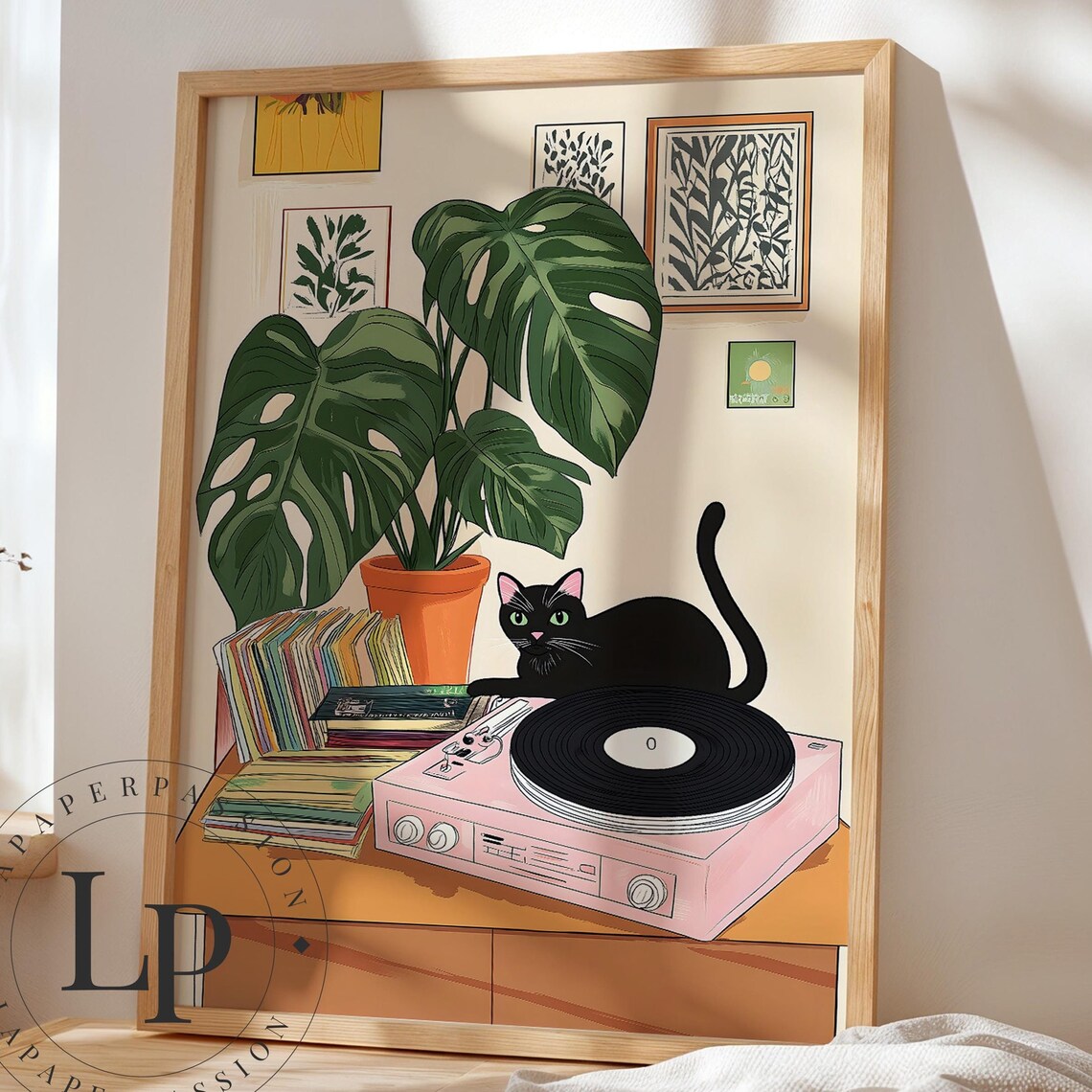 Retro Boho Black Cat Botanical Art Print