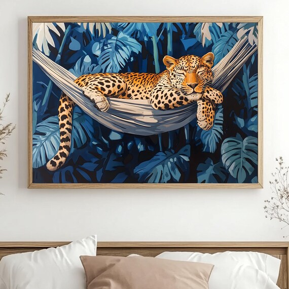 Sleeping Leopard Hammock Blue Jungle Tropical Bold Animal Poster