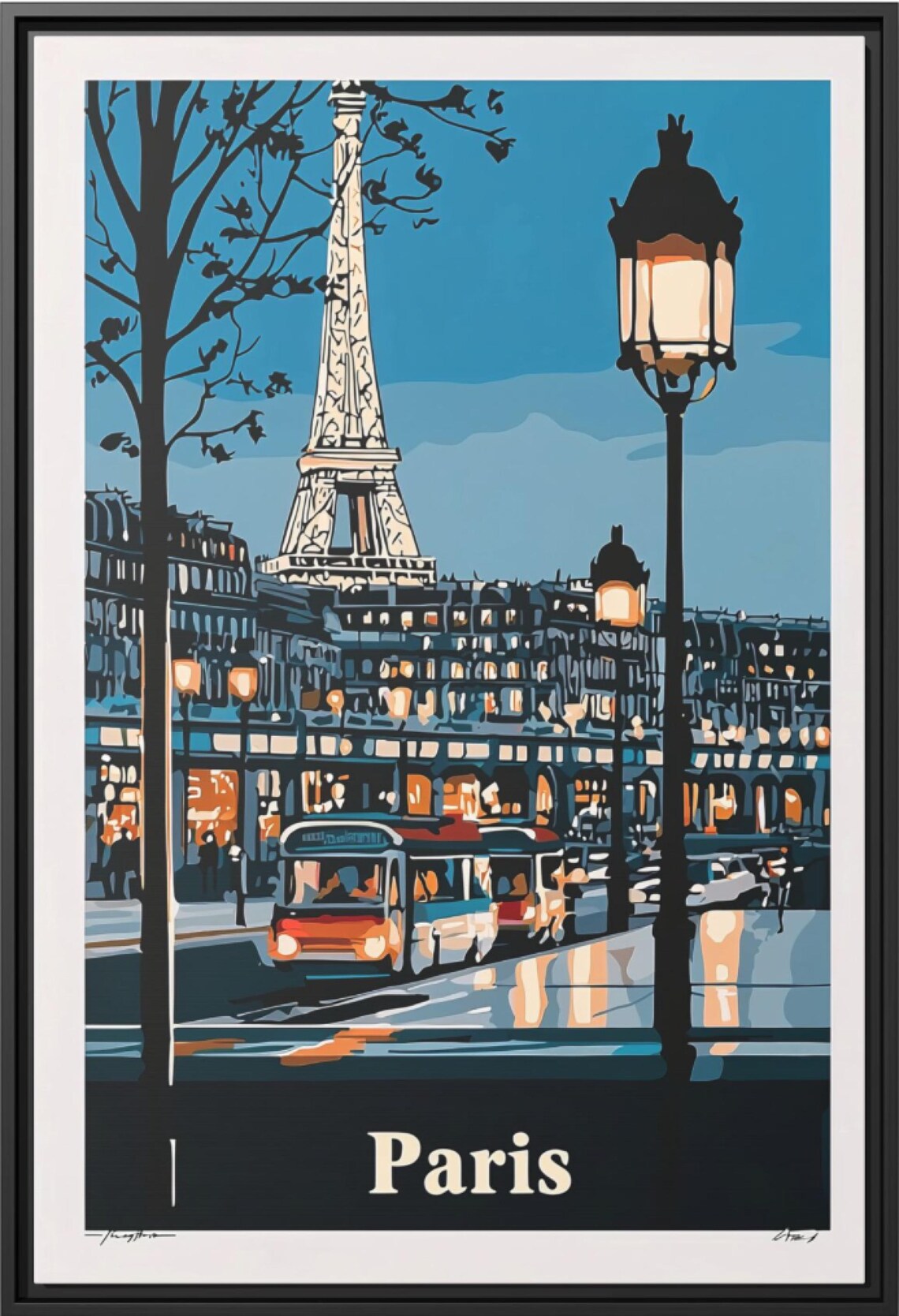 Paris France Eiffel Tower Night Dusk Street Retro Travel Poster