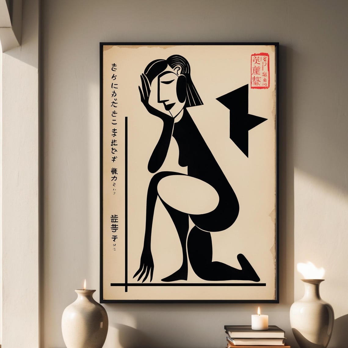 Picasso Style Seated Woman Black Ink Minimalist Line Art Poster