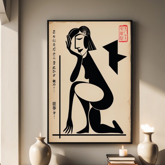 Picasso Style Seated Woman Black Ink Minimalist Line Art Poster