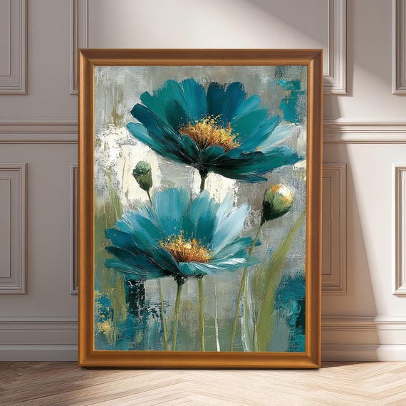 Abstract Teal Flowers Painting Print Turquoise Floral Wall Art Wood Framed Hanging Decor