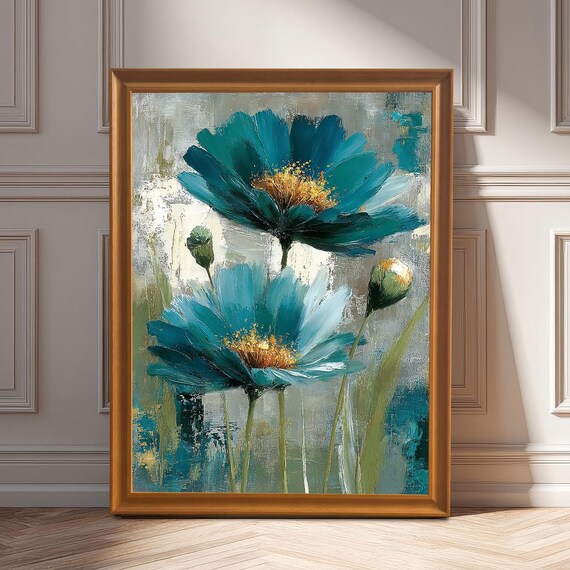 Teal Cosmos Flowers Impressionist Oil Painting Floral Art Poster