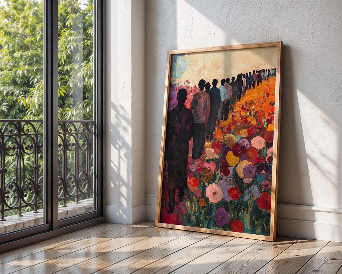 Silhouettes Walking Through a Vibrant Wildflower Field Poster