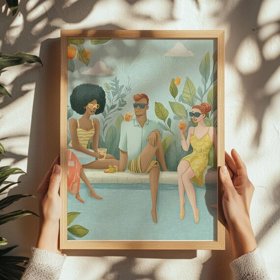 Poolside Friends with Cocktails Poster in Retro Summer Illustration Style