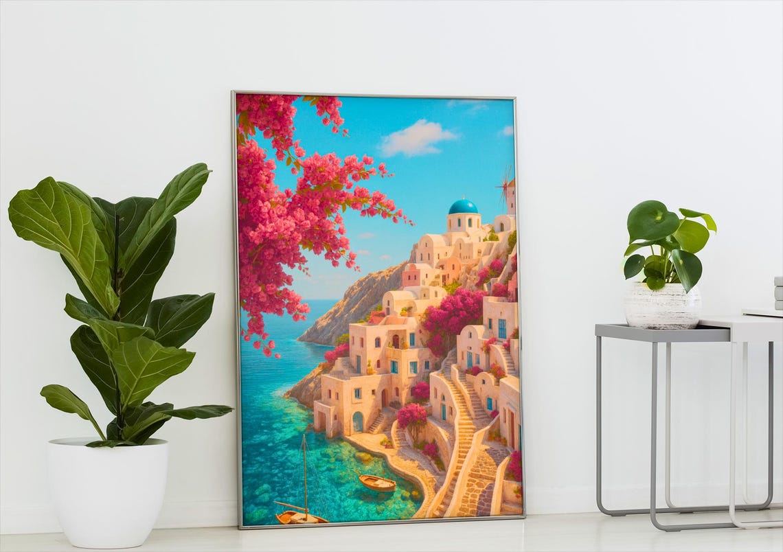 Santorini Greece Coastal Print Blue Dome Turquoise Sea Aegean