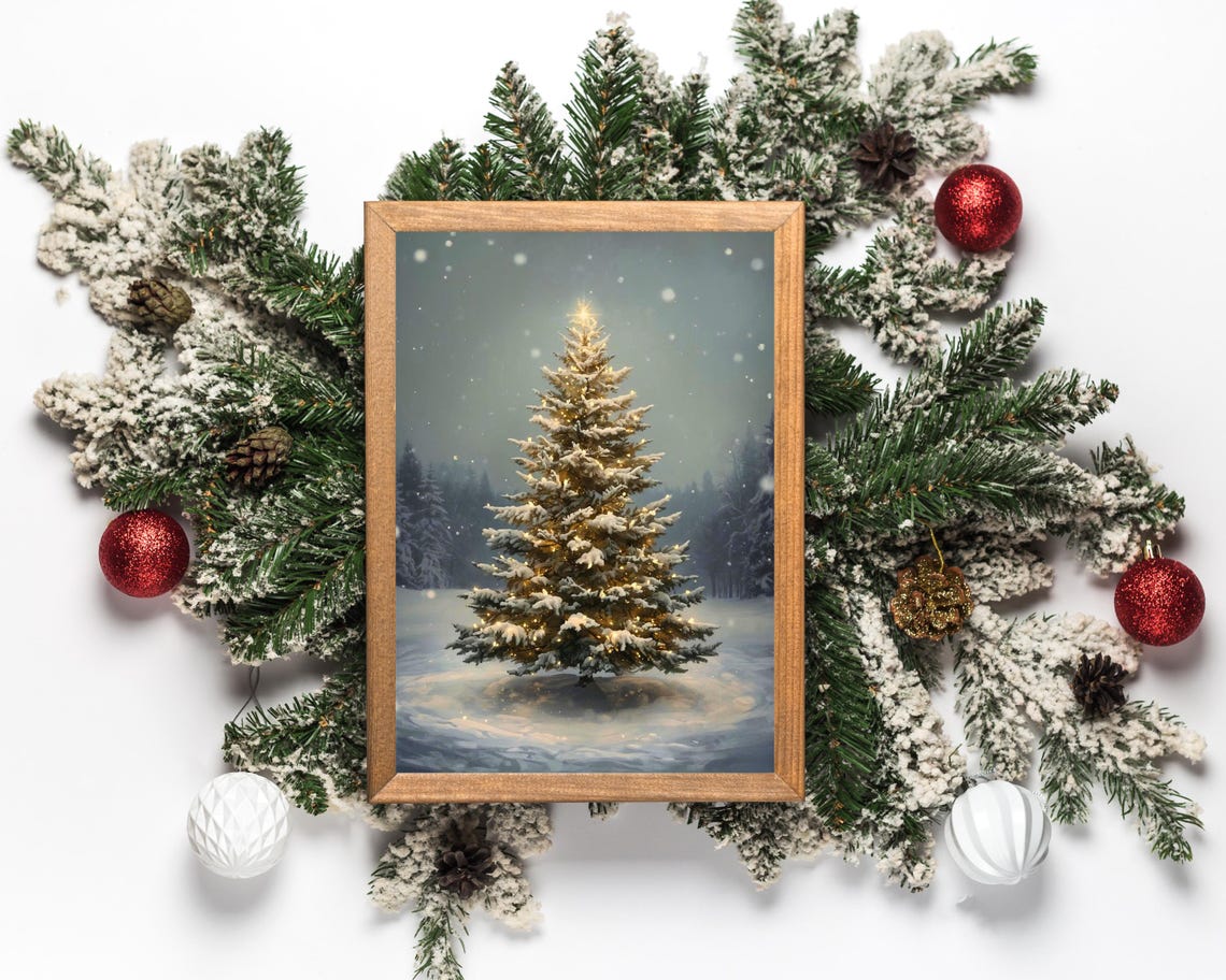 Vintage Snowy Christmas Tree Winter Forest Holiday Decor Poster