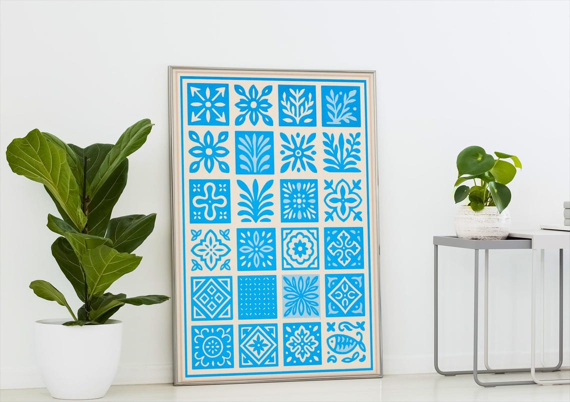 Blue Portuguese Azulejo Tile Pattern Geometric Ceramic Poster